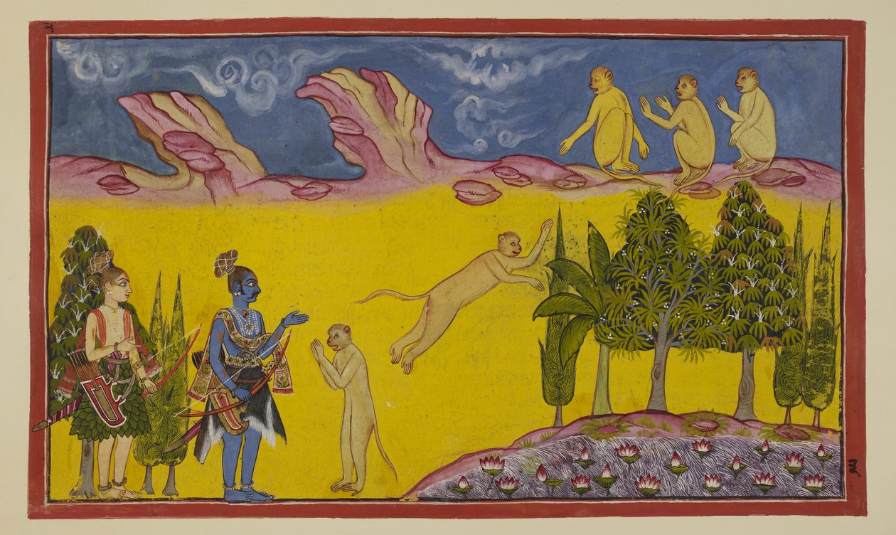 Acrescente 15296 (2) f.3r, Sugriva está no início assustado, pensando que estes guerreiros armados foram enviados pelo seu irmão usurpador Bali para o destruir. Ele envia o seu sagaz ministro Hanuman para saber mais sobre os dois estranhos. Hanuman apresen de Indian School