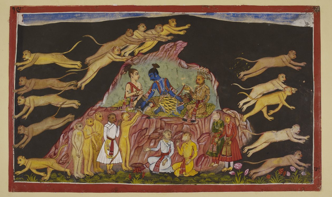 Adicione 15296 (2) f.49r, Rama, Laksmana e Sugriva estão sentados em uma eminência rochosa. Sugriva divide suas vastas forças em quatro e as envia para procurar Sita nos quatro quartos. Para cada líder de tropa ele descreve o terreno que eles vão encontrar de Indian School