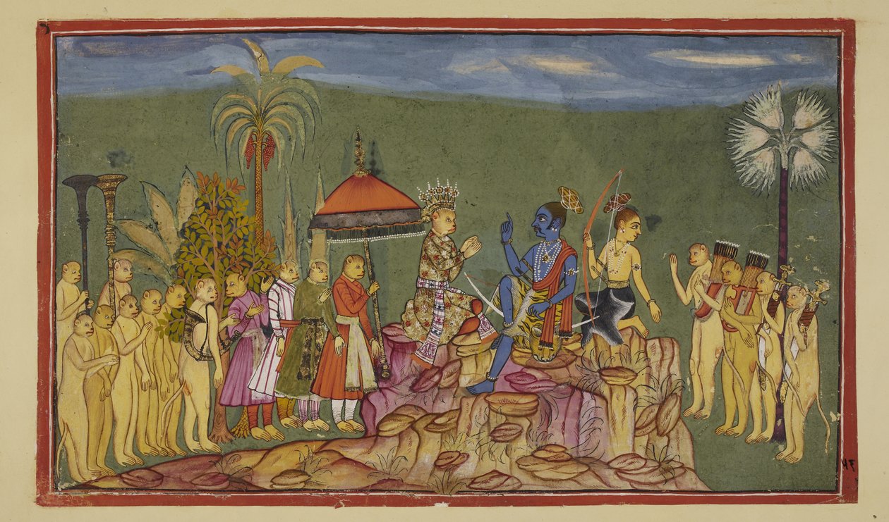 Adicione 15296 (2) f.56r, Rama pergunta a Sugriva, que já havia descrito os quatro cantos do mundo, como ele os conheceu tão bem. Sugriva diz a ele que ele foi perseguido pelos quatro quartos por seu irmão Ba de Indian School