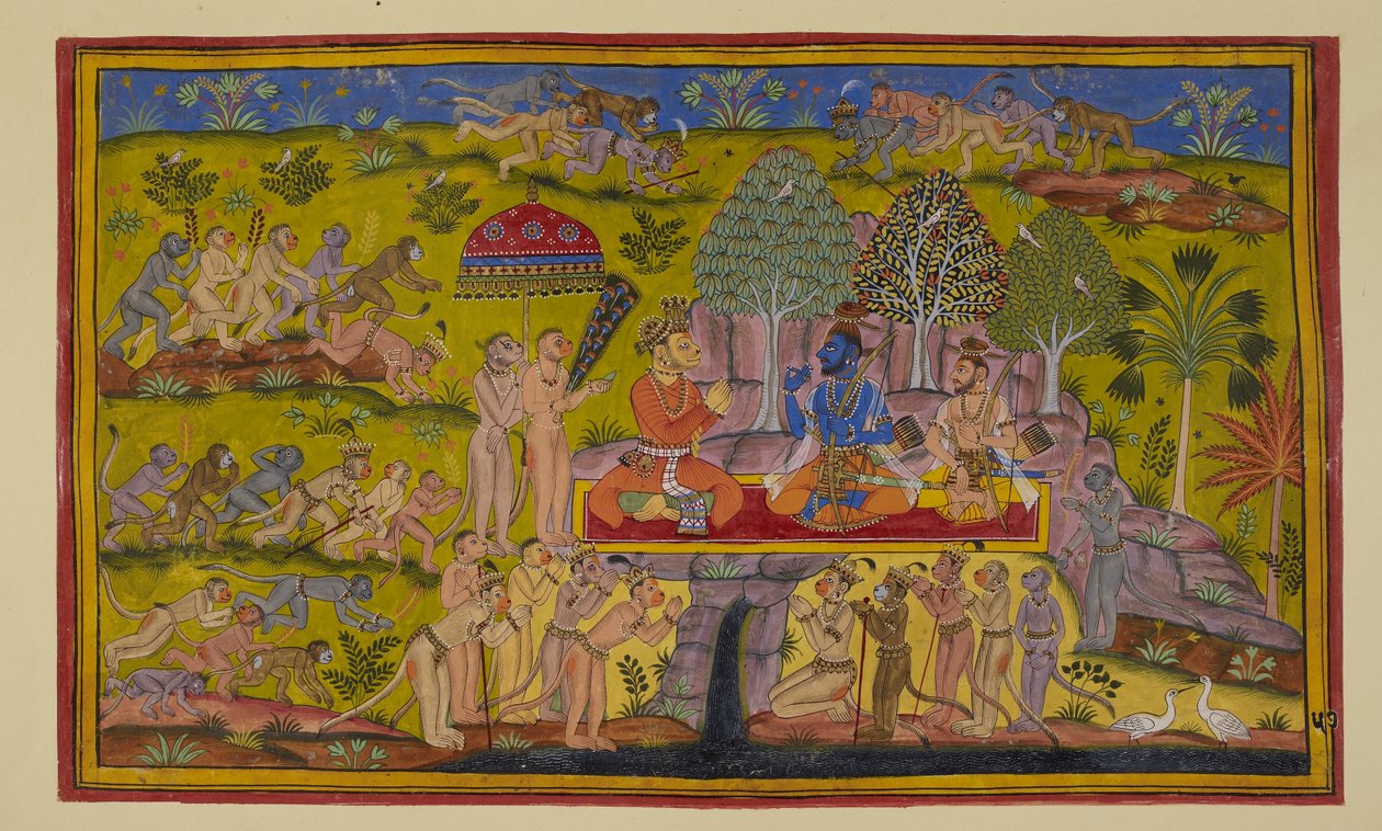 Adicionar 15296 (2) f.57r, Como Sugriva ainda está falando de suas aventuras anteriores aos dois irmãos, os macacos enviados para os bairros leste, norte e oeste retornam e relatam que sua busca foi em vão, não havia sinal de Sita. de Indian School