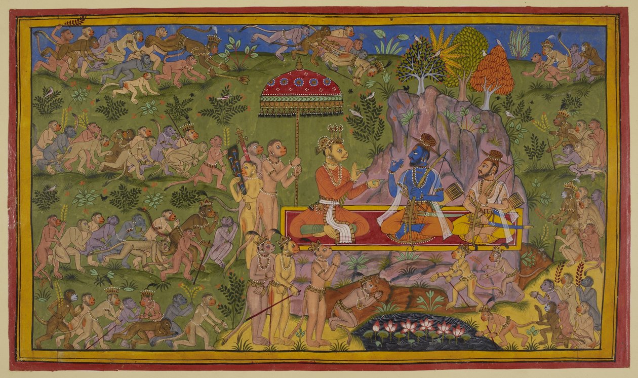Adicione 15296 (2) f.58r, As forças dos macacos vasculharam as regiões norte, leste e oeste em vão e voltam para contar a Sugriva e Rama de sua decepção. Sugriva Sita em um tapete sob um guarda-chuva real e está oferecendo pan (betel-chews) para os dois ma de Indian School