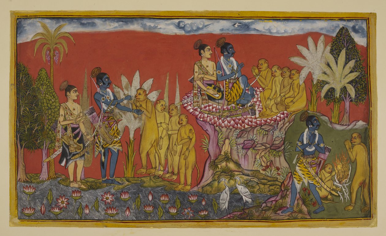 Acrescentando 15296 (2) f.5r, Hanuman traz agora Rama e Laksmana para a presença de Sugriva na montanha. Rama e Sugriva apertam as mãos em sinal do seu voto de amizade, observados por Laksmana e pelos outros macacos; e depois, num espírito semelhante, os d de Indian School