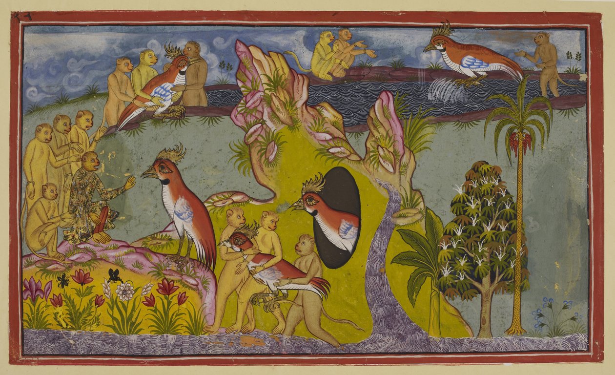 Acrescente 15296 (2) f.68r, Os macacos resolveram morrer à fome nas margens do oceano do sul em vez de voltarem a enfrentar a ira do seu rei. São vistos pelo abutre sem asas Sampati, irmão do rei abutre Jatayu, que de Indian School