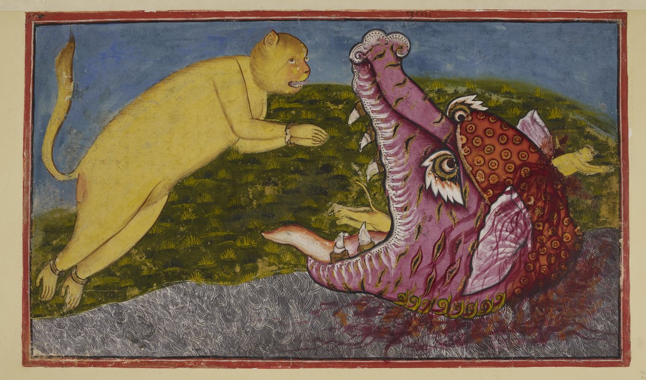 Adicione 15296 (2) f.86r, A mãe-de-serpentes Surasa, que habita no fundo do oceano, sendo pressionada pelos deuses para testar Hanuman, transformou-se em um grande monstro marinho com mandíbulas poderosas, vermelhas, roxo e com presas. Não importa o quanto de Indian School