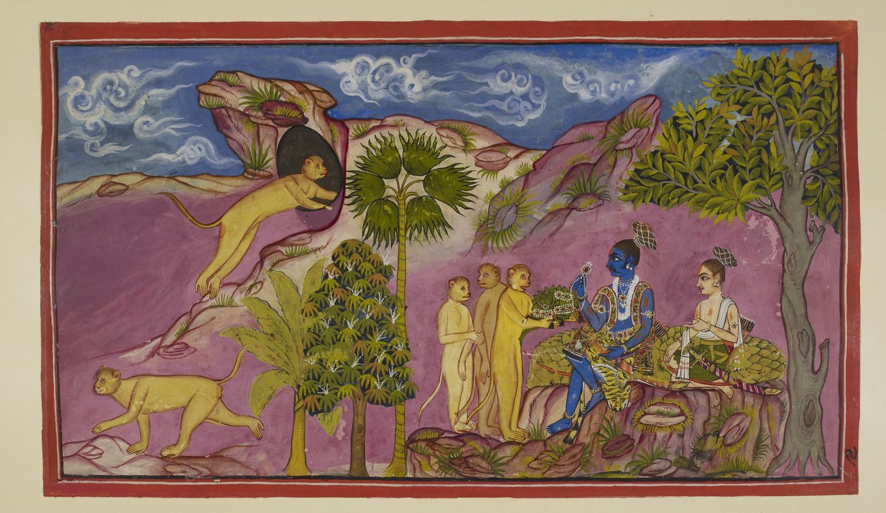 Adicione 15296 (2) f.9r, Sugriva diz a Rama que viu Sita sendo carregada em uma carruagem por Ravana, lutando e chamando os nomes de Rama e Laksmana. Ao vê-lo lá embaixo, ela deixou cair suas jóias e uma roupa de cima. Sugriva corre para uma caverna em de Indian School