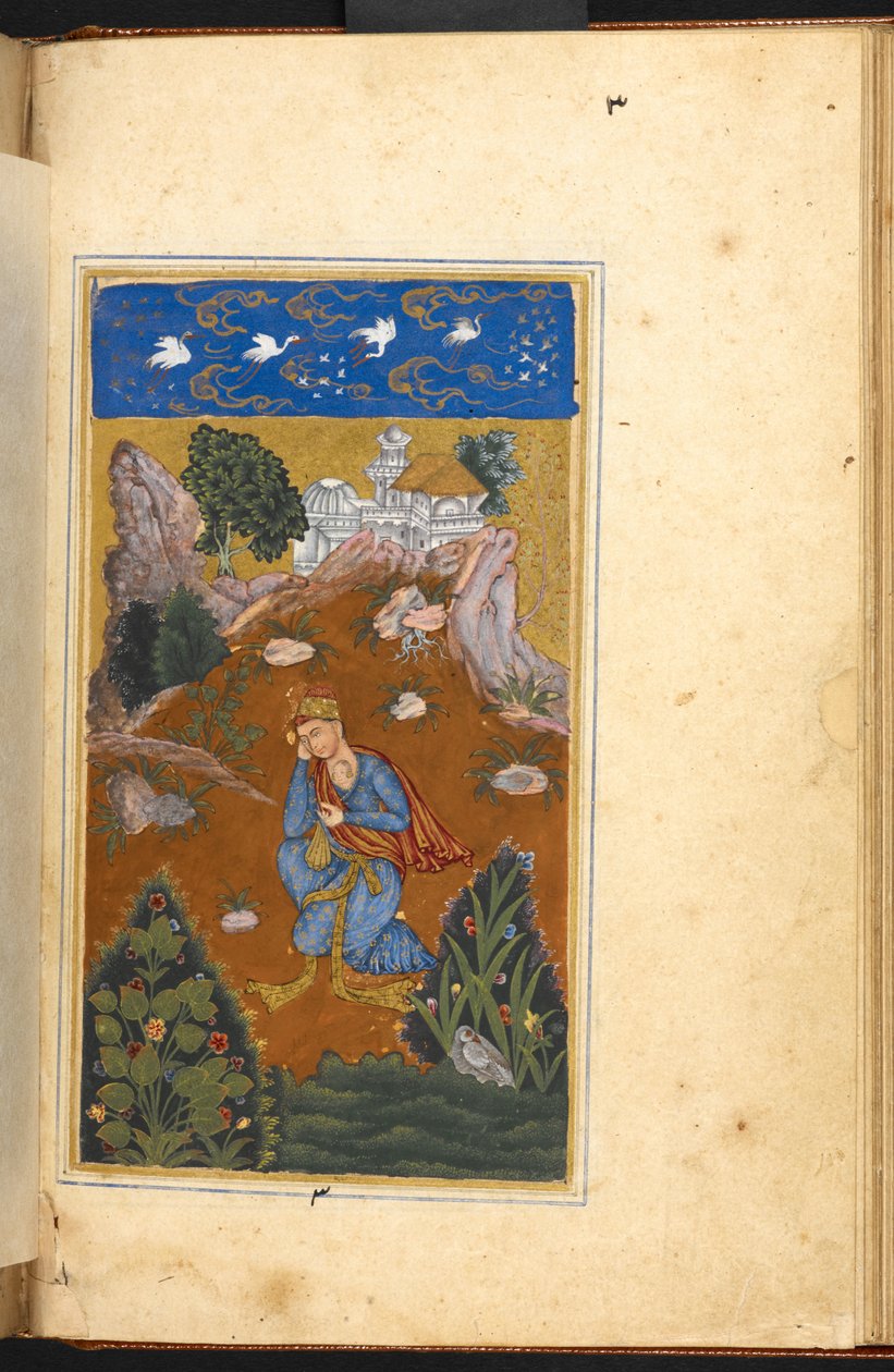 Acrescentar. 16880, f.49v, Shahji vagueia em busca da sua amada Mahji, cuja imagem está enraizada no seu coração, Mão A, Bijapur de Indian School