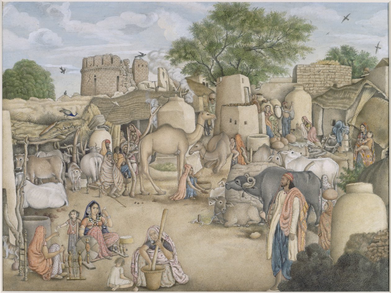 Acrescentar Or.4057 Uma cena de rua na aldeia de Raniya, c.1816-20 (aguarela e guache em papel) de Indian School