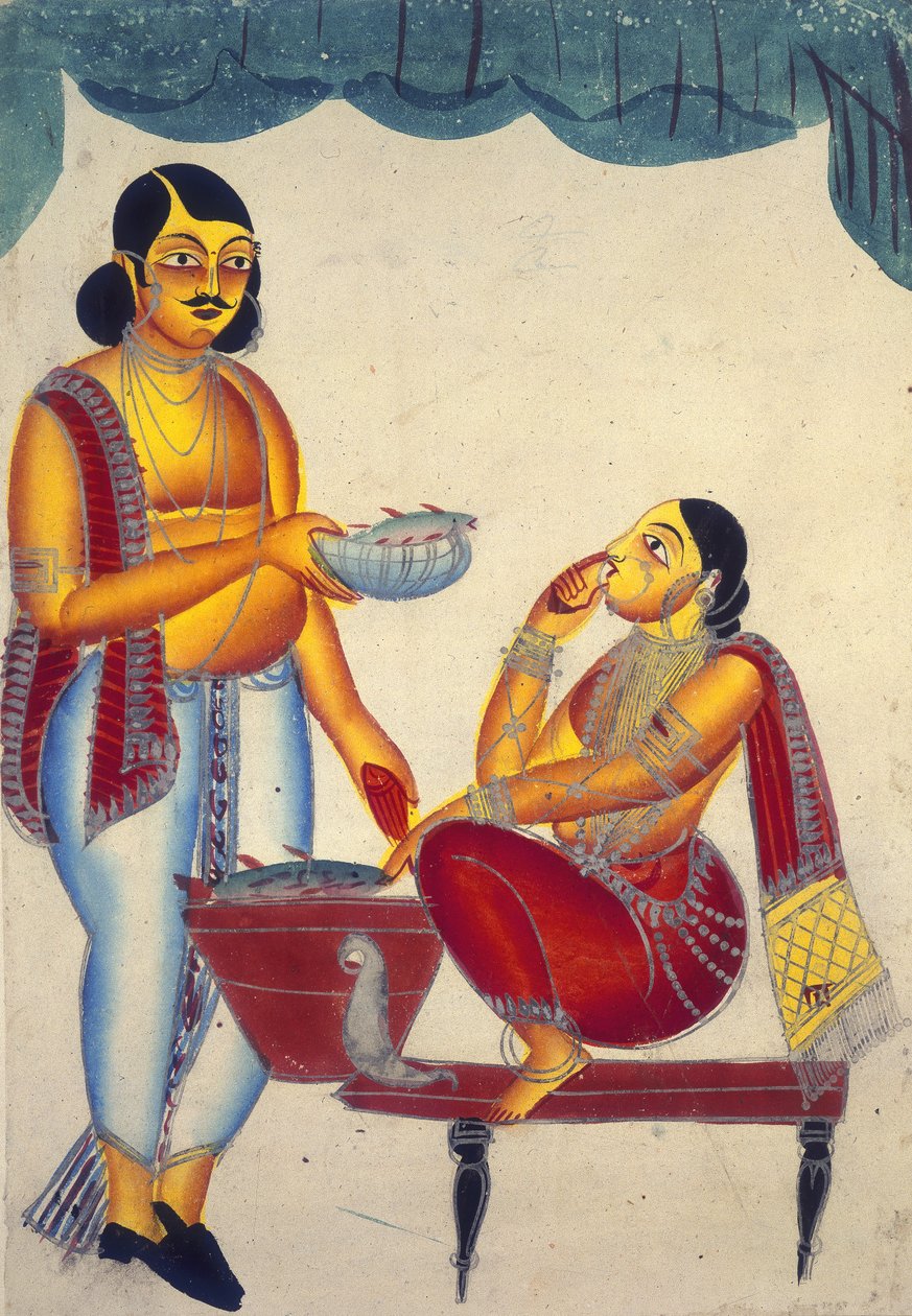 Adicionar ou 905 A Mulher vendendo peixe (aguarela e tinta prateada sobre papel) de Indian School