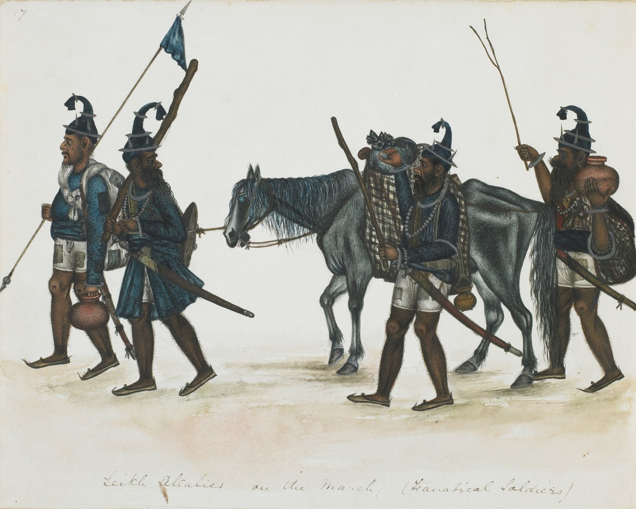 Akali Sikhs em Março, c.1850 (aguarela opaca sobre papel) de Indian School