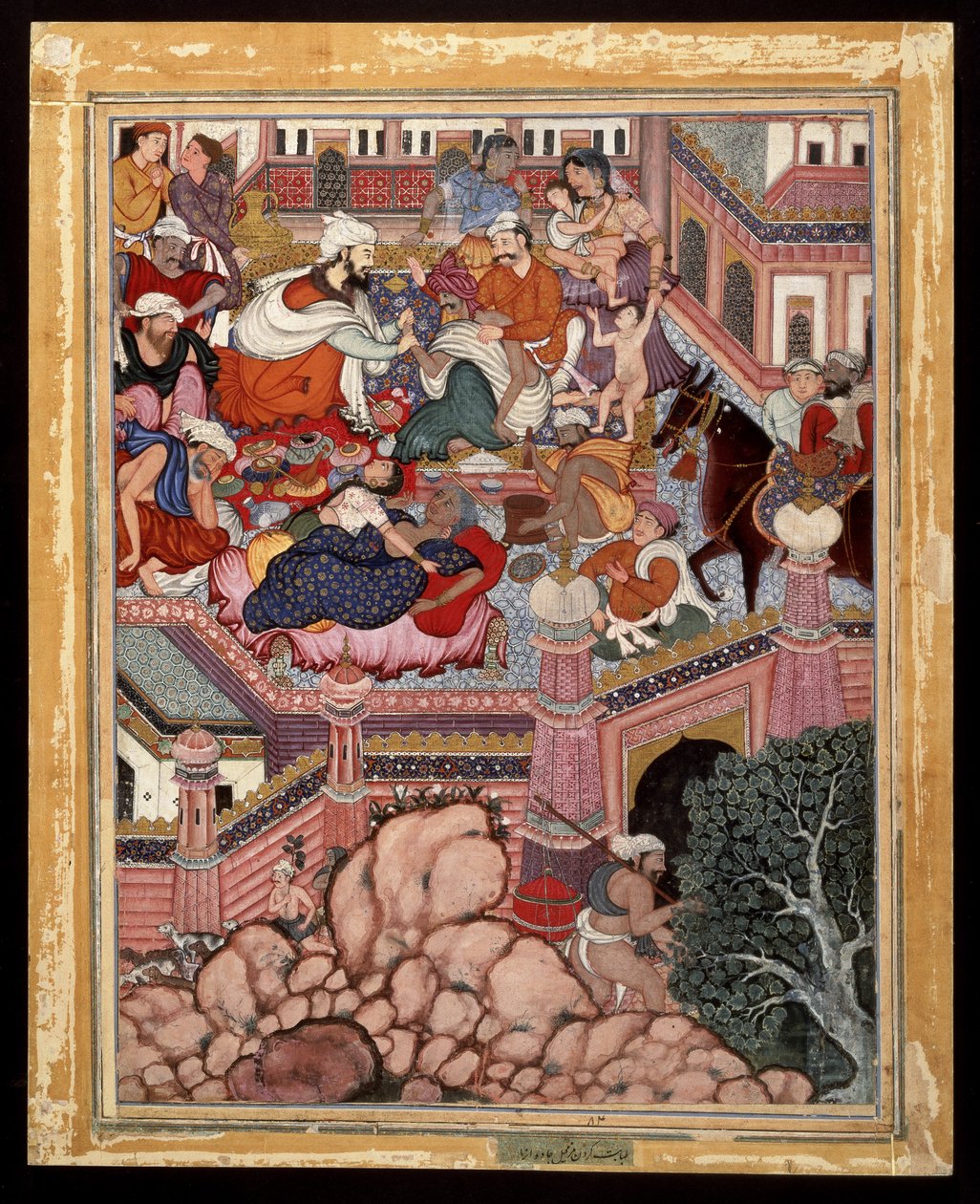 Amr, disfarçado de Mazmahil, o cirurgião, pratica charlatanismo sobre os feiticeiros de Antali, ca. 1570 (aquarela opaca e ouro no algodão) de Indian School