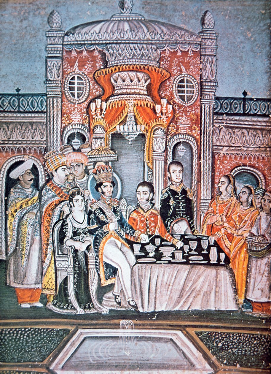 Um príncipe indiano entretém oficiais britânicos, c.1810 (guache no papel) de Indian School