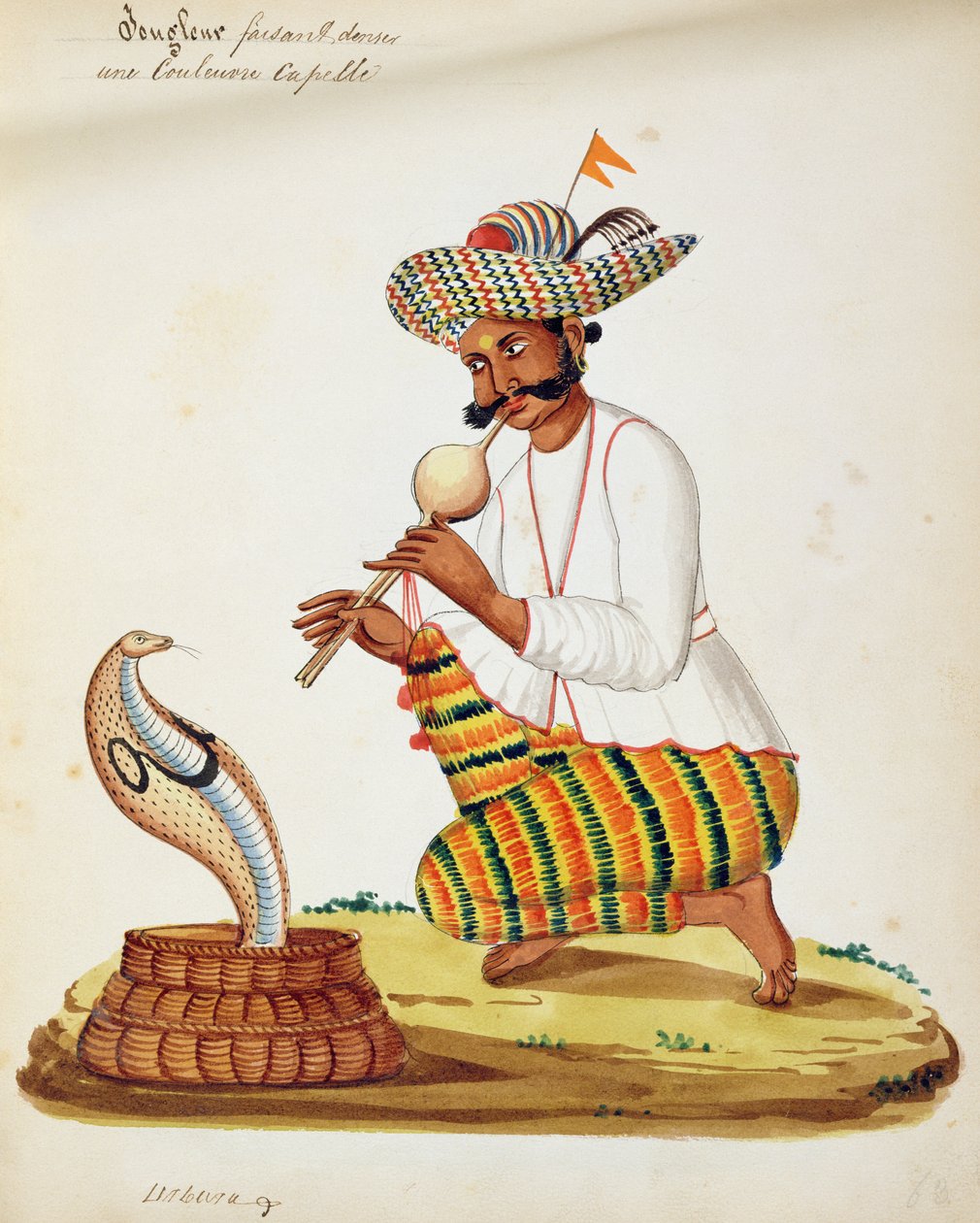 Um encantador de serpentes indiano com uma cobra, de um álbum francês de desenhos de Indian School