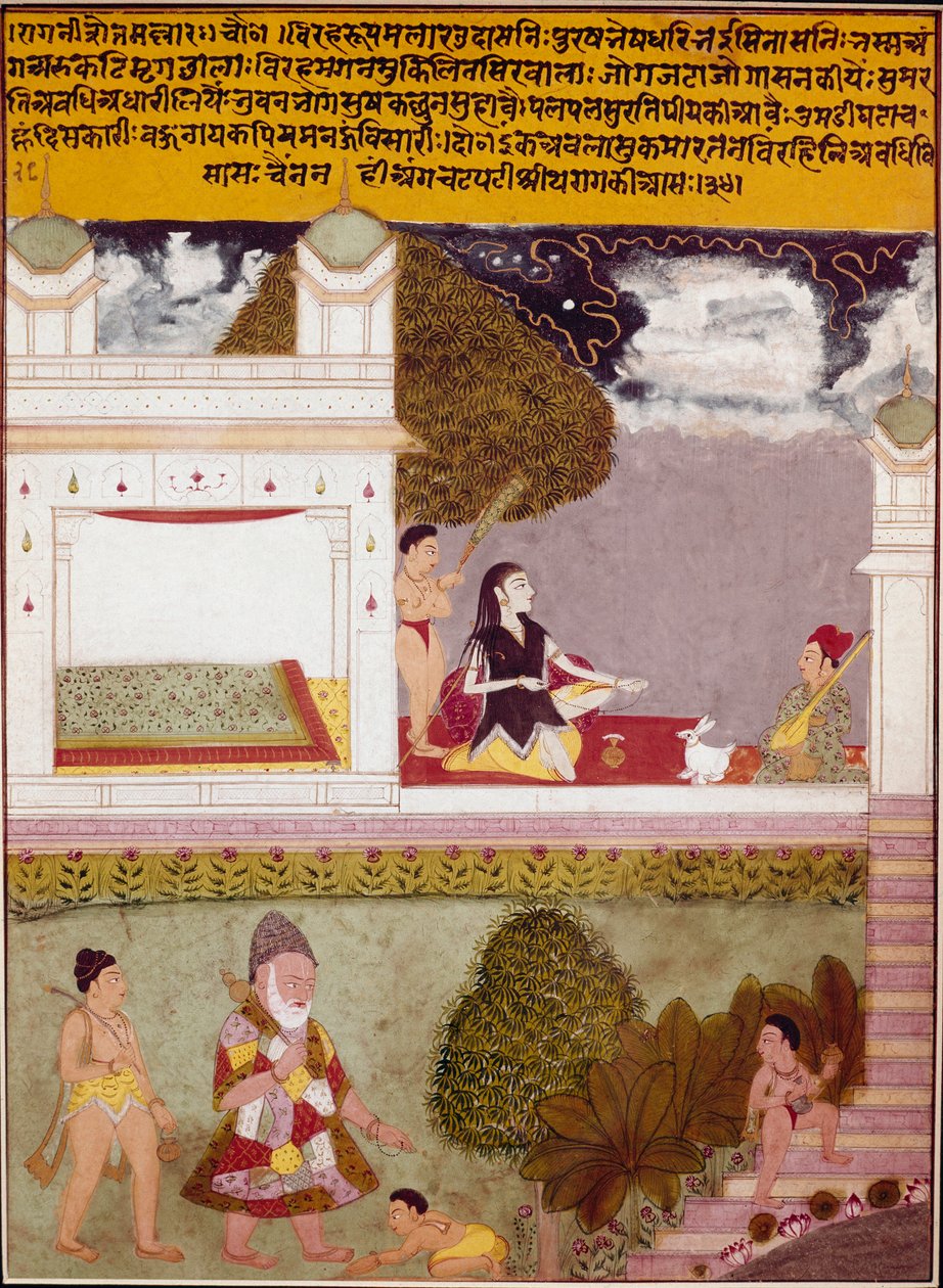 Uma asceta ouve música no terraço de um palácio em miniatura da escola indiana, por volta de 1760. Coleção Particular de Indian School