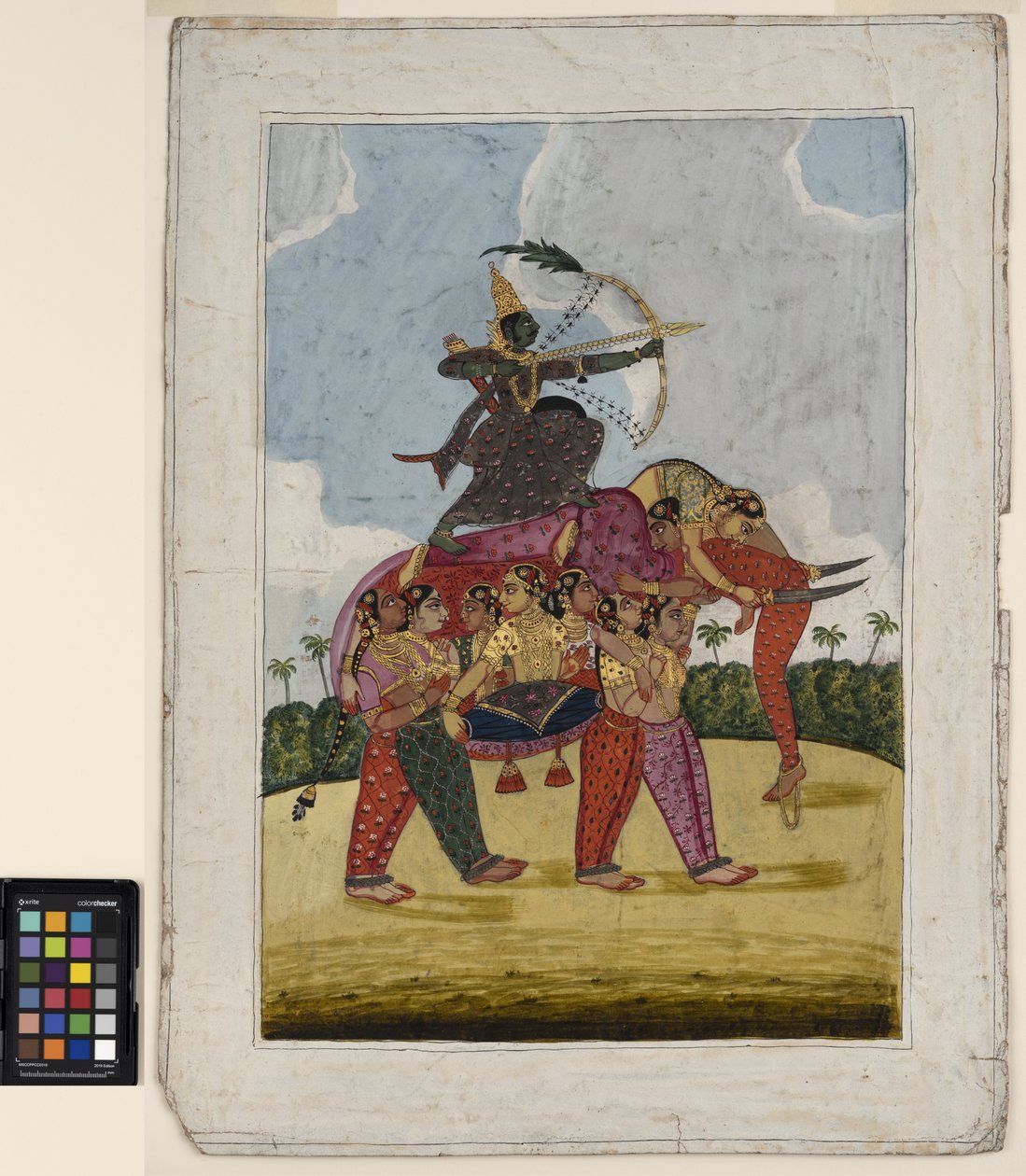 Um elefante, composto, feito de mulheres dançando, serve de montaria a um arqueiro, c.1825 (aquarela opaca e ouro sobre papel) de Indian School