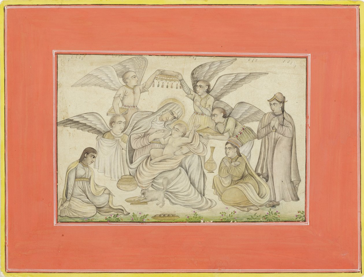 Anjos assistem Maria e Jesus, c.1665 (wc opaca e ouro no papel) de Indian School