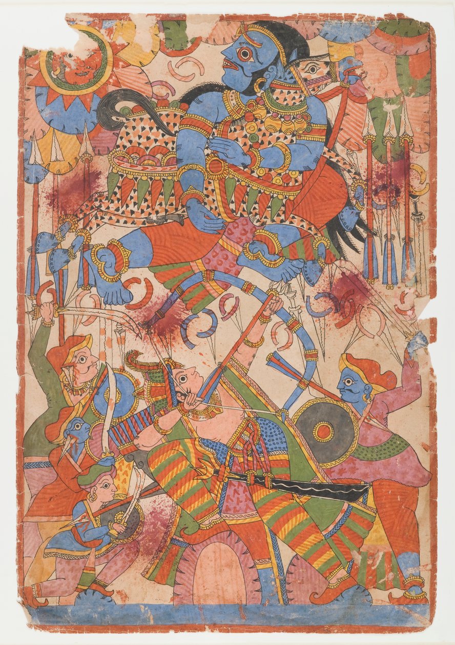 Arjunas façanha heróica em batalha, de uma série Mahabharata, c.1830-50 (tinta e cor no papel) de Indian School