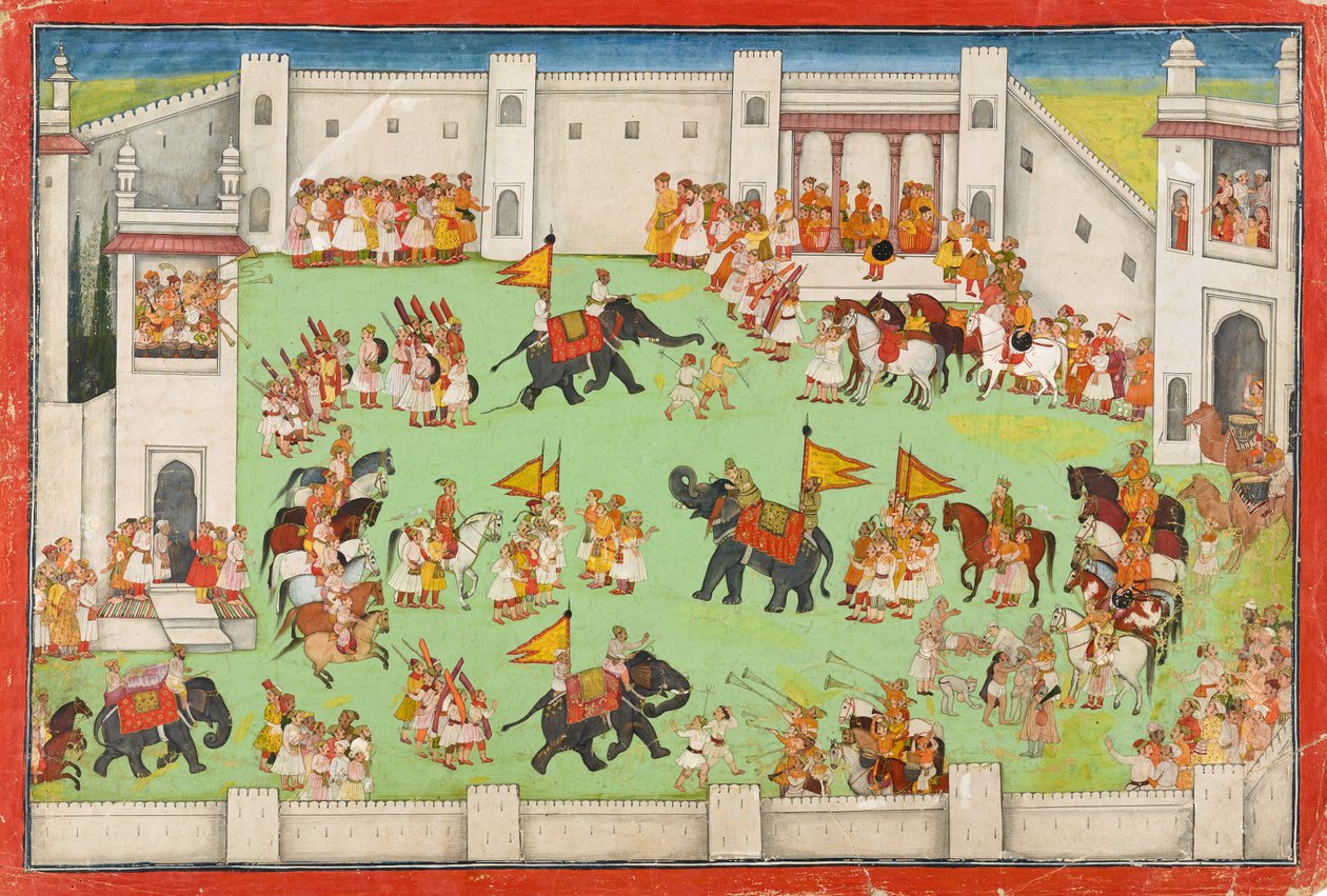 Chegada do noivo ao palácio, fólio de um Ramayana, c.1640-1650 de Indian School
