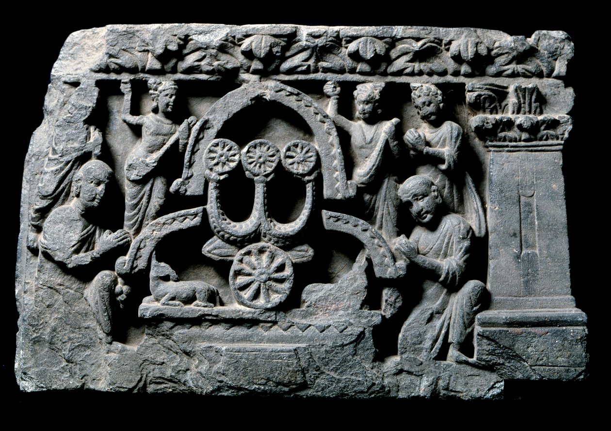 Arte de Gandhara (ou Greco-Buddhismo): "Buda em oração" o milagre Sravasti (Shravasti ou Savatthi) (Buda em oração, o milagre do Sravasti) Alívio da Escola de Gandhara - Século II ao IV - Museu Indiano, Calcutá Índia de Indian School