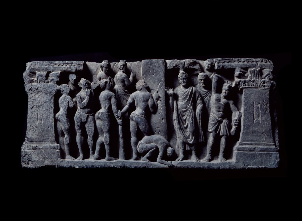 Arte de Gandhara (ou Greco-Buddhismo): "Arqueiro Devadatta ataca Gautama" (arqueiros do Devatta atacam Gautama Buda) Alívio da Escola de Gandhara - séculos II a IV - Museu Indiano, Calcutá Índia de Indian School