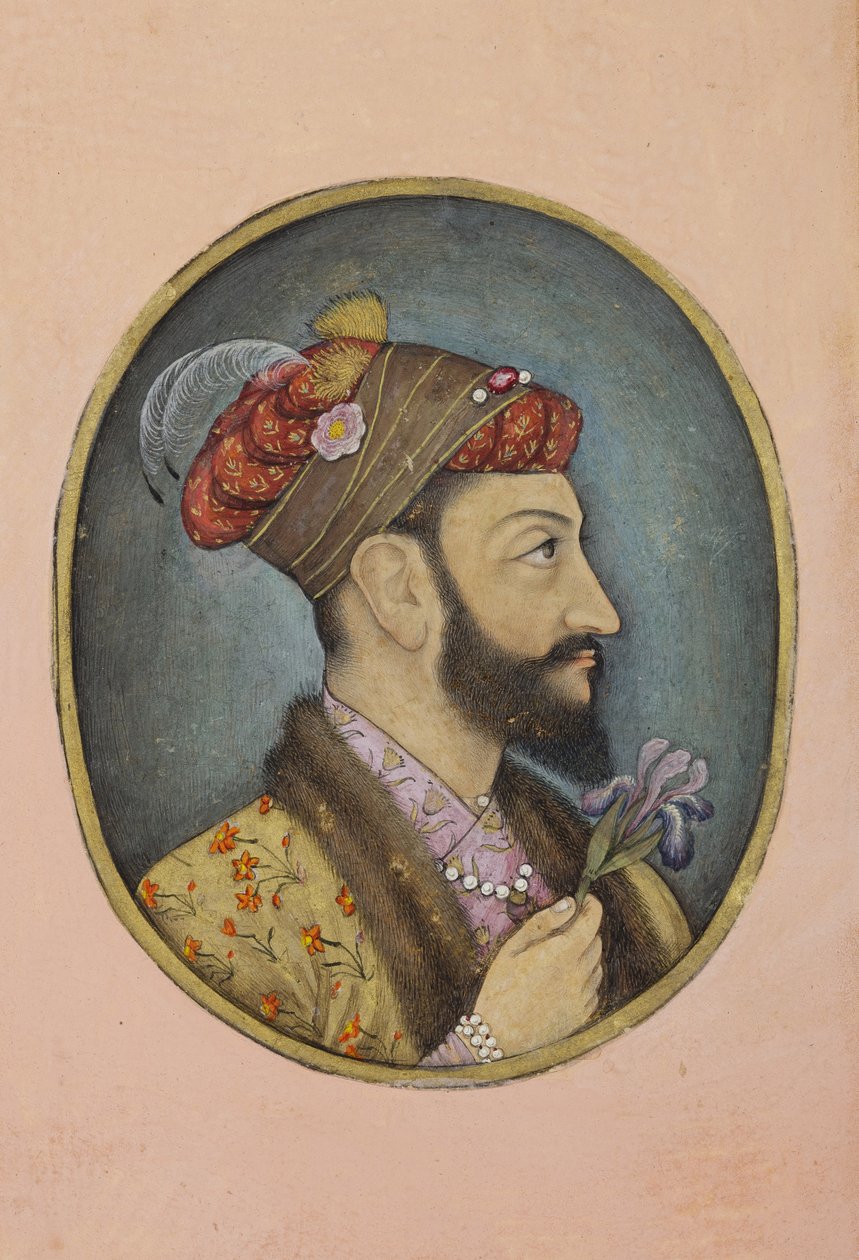 Aurangzeb Bahadur segurando uma íris, c.1650 (wc opaca e ouro sobre papel) de Indian School