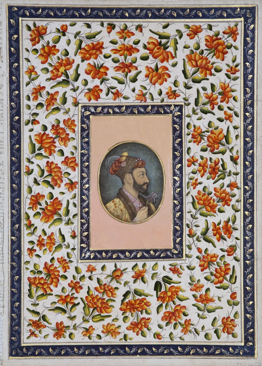 Aurangzeb Bahadur segurando uma íris, c.1650 (wc opaca e ouro sobre papel) de Indian School