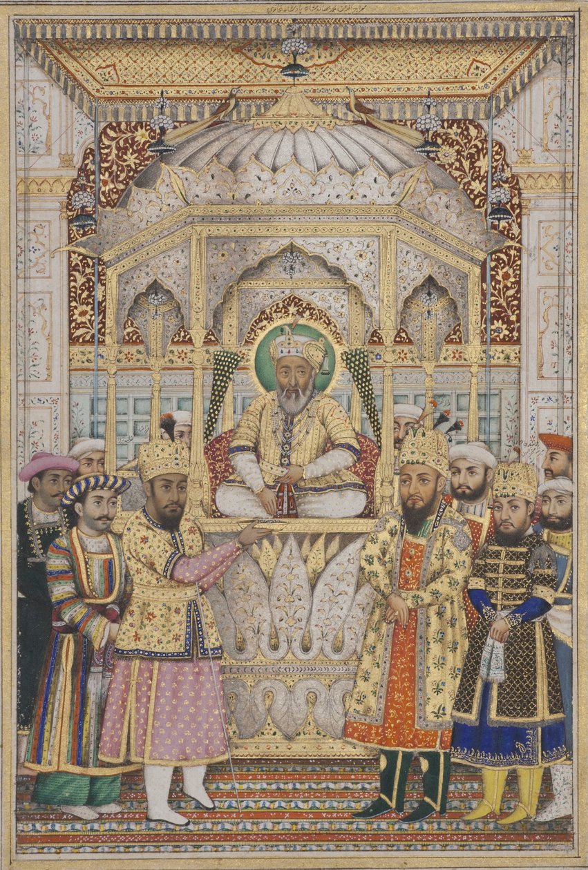 Bahadur Xá II em Darbar, c.1837 (wc opaca e ouro sobre papel) de Indian School