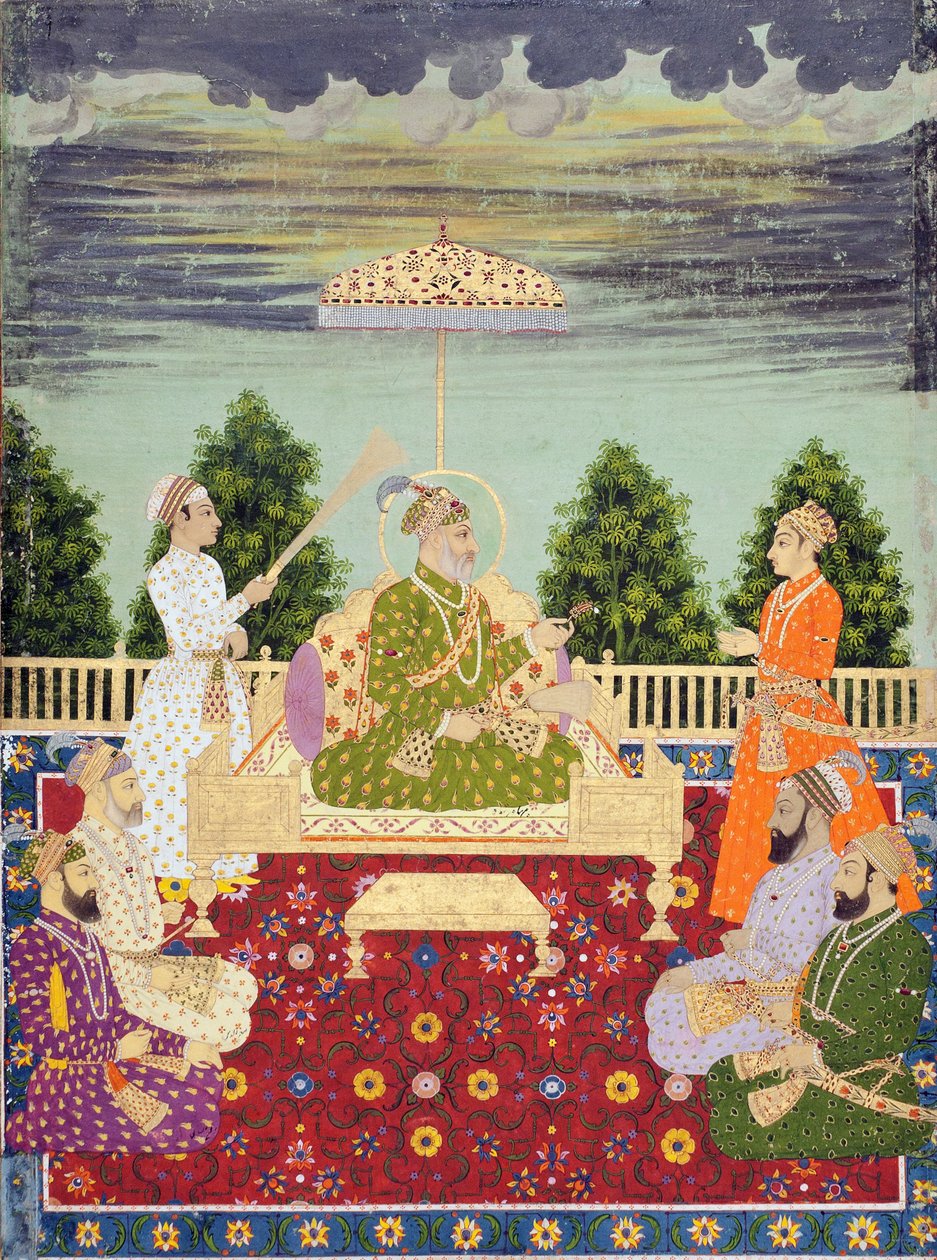 Bahadur Shah com seus quatro filhos e um neto, c.1710 (aquarela e ouro no papel) de Indian School