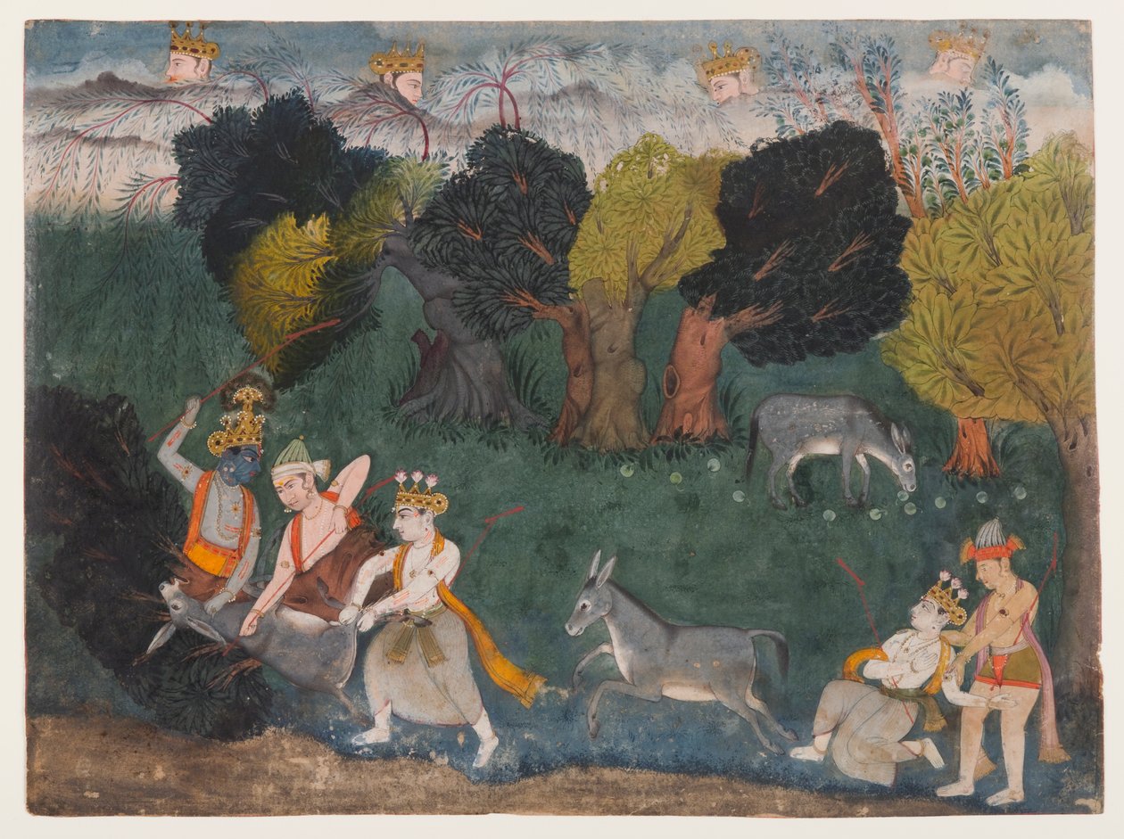 Balarama Kills the Ass Demon, Página de uma Série Bhagavata Purana Dispersa, c.1725 (aguarela opaca e prata sobre papel) de Indian School