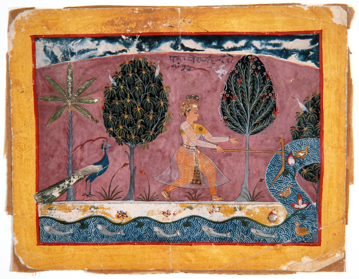 Balarama com seu Ploughshare no rio Jamna, c.1590-1600 (wc opaca e ouro no papel) de Indian School