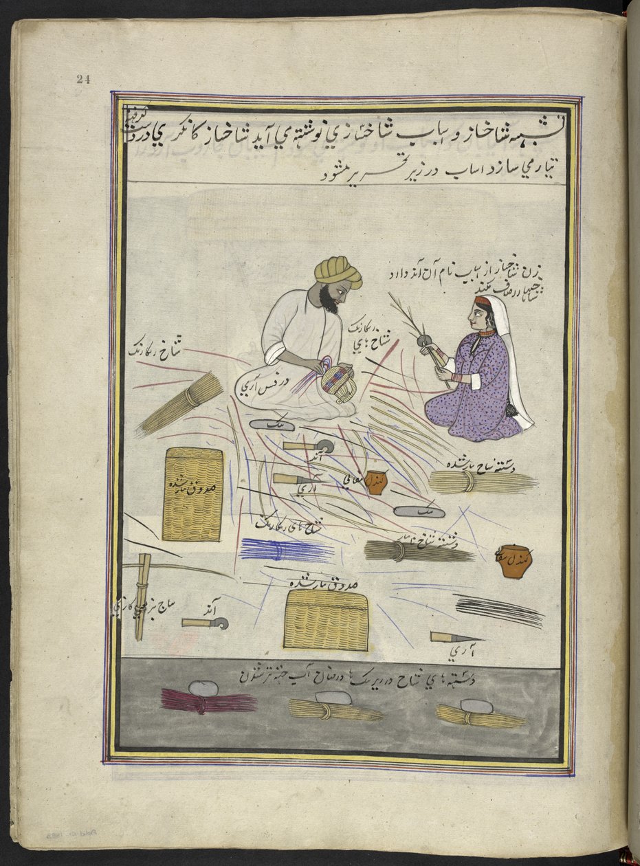 Cesteiro e sua esposa,  86 desenhos encadernados em um volume representando ofícios e ocupações na Caxemira, artesãos são mostrados trabalhando com seus implementos e equipamentos,  Por um artista da Caxemira, provavelmente em Srinagar, c.1850-60 (guache s de Indian School