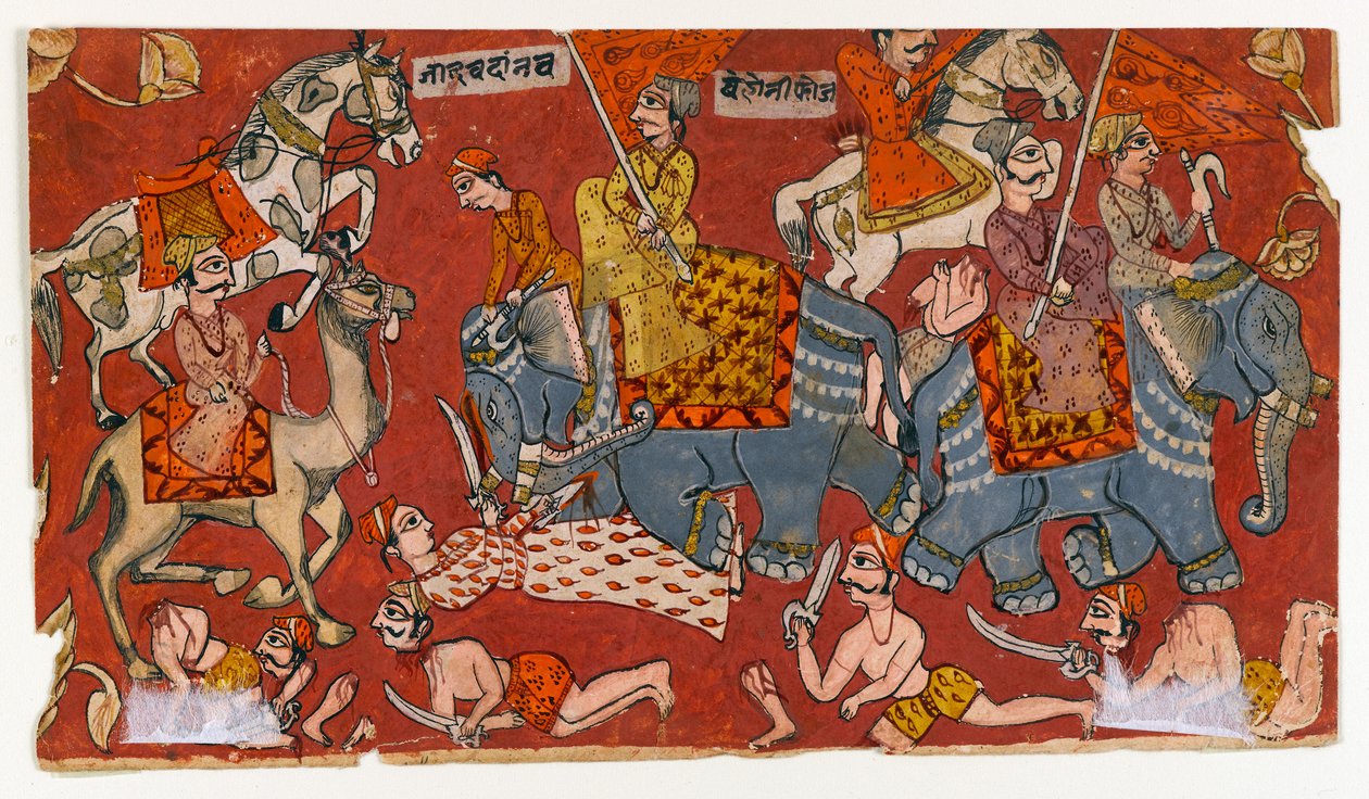 Cena de batalha de uma série Bhagavata Purana, c.1625-50 (aguarela e ouro sobre papel) (verso de 499329) de Indian School