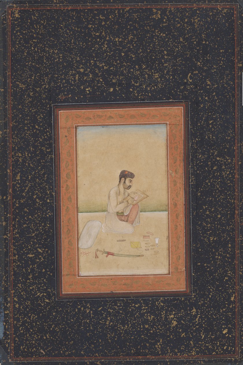 Behzad o pintor usando óculos (tinta, cor e ouro sobre papel) de Indian School