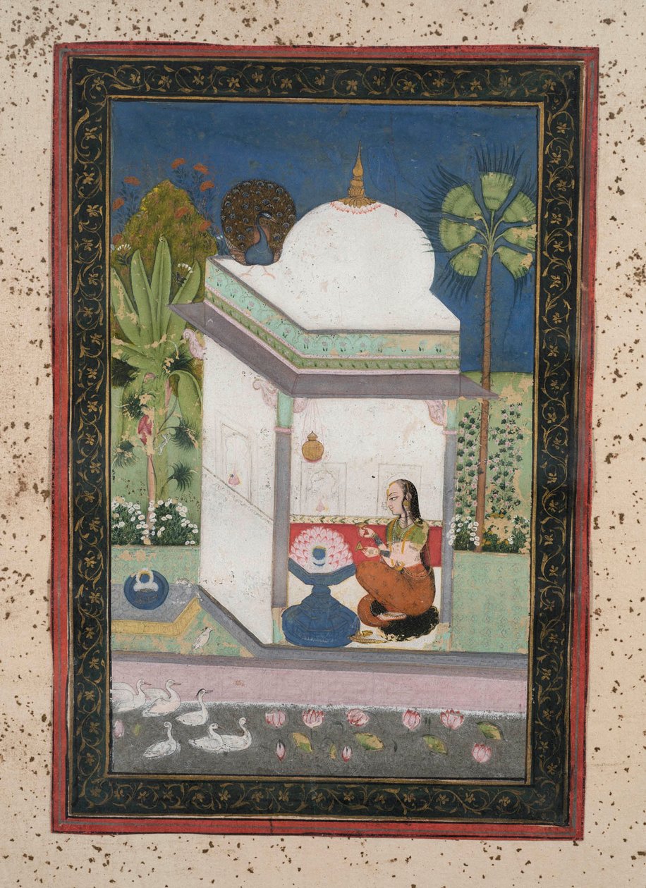 Bhairavi Ragini, c.1790 (guache sobre papel, enfeite de ouro) de Indian School