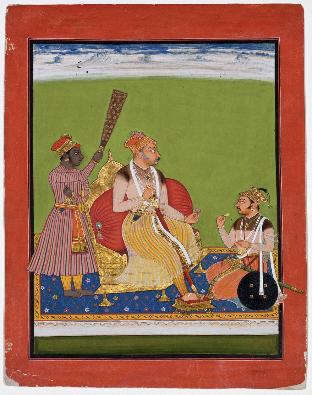 Bhao Singh entronizado com um nobre a seus pés, c.1680 (wc opaco e ouro sobre papel) de Indian School