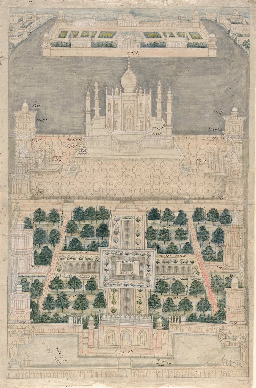 Vista aérea do Taj Mahal em Agra, 1790-1810 de Indian School