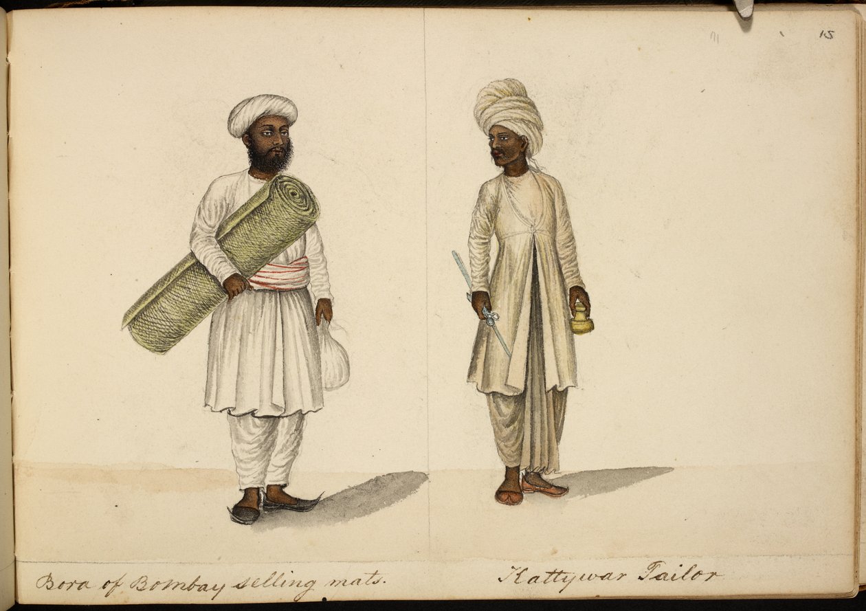 Vendedor de tapetes Bohori; alfaiate Kathiawar de Indian School
