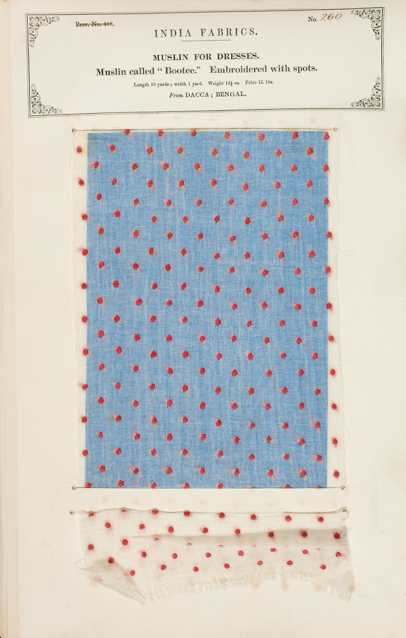 Amostra de musselina bordada com manchas de Dacca em Bengala, da Coleção dos Fabricantes Têxteis da Índia, de John Forbes Watson, publicada em 1866 de Indian School