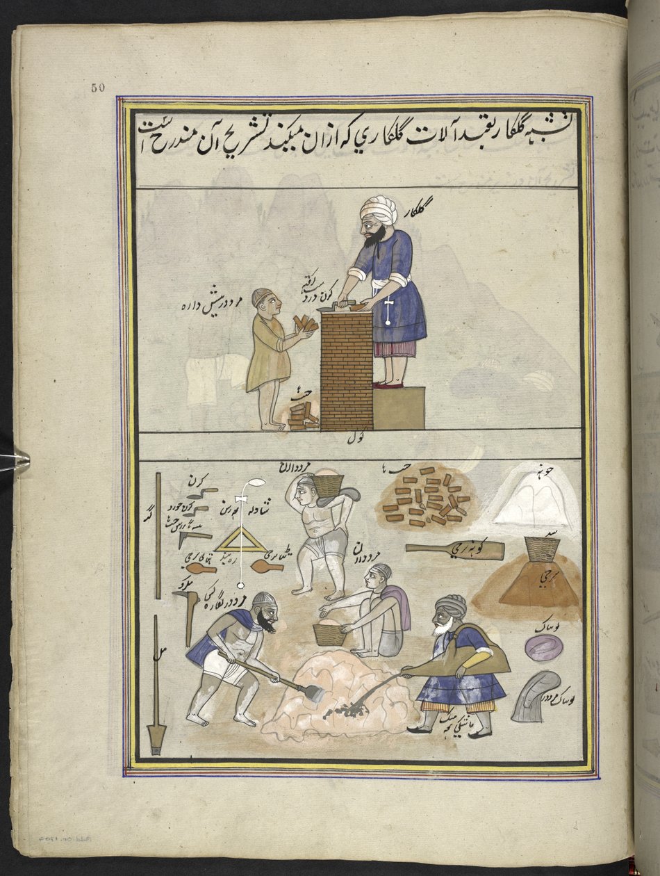 Pedreiros,  86 desenhos encadernados em um volume representando ofícios e ocupações na Caxemira, artesãos são mostrados trabalhando com seus implementos e equipamentos,  Por um artista da Caxemira, provavelmente em Srinagar, c.1850-60 (guache sobre papel) de Indian School