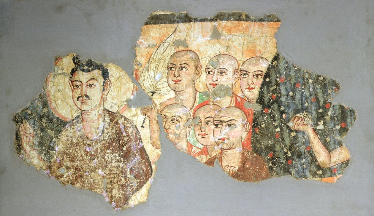 Buda com seus Seis Discípulos, de Miran, pintura do terceiro e quarto século (pintura de parede) de Indian School