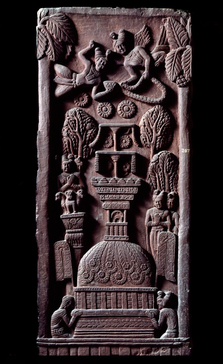Budismo: "Mahaparinirva a ou parinirvana, fim da existência terrena de Buda, chegando ao nirvana" (Parinirvana, nirvana final, que ocorre após a morte do corpo de Buda) detalhe du stupa de Bharhut (Barhut, Barouth) baixo relevo de negro de Indian School