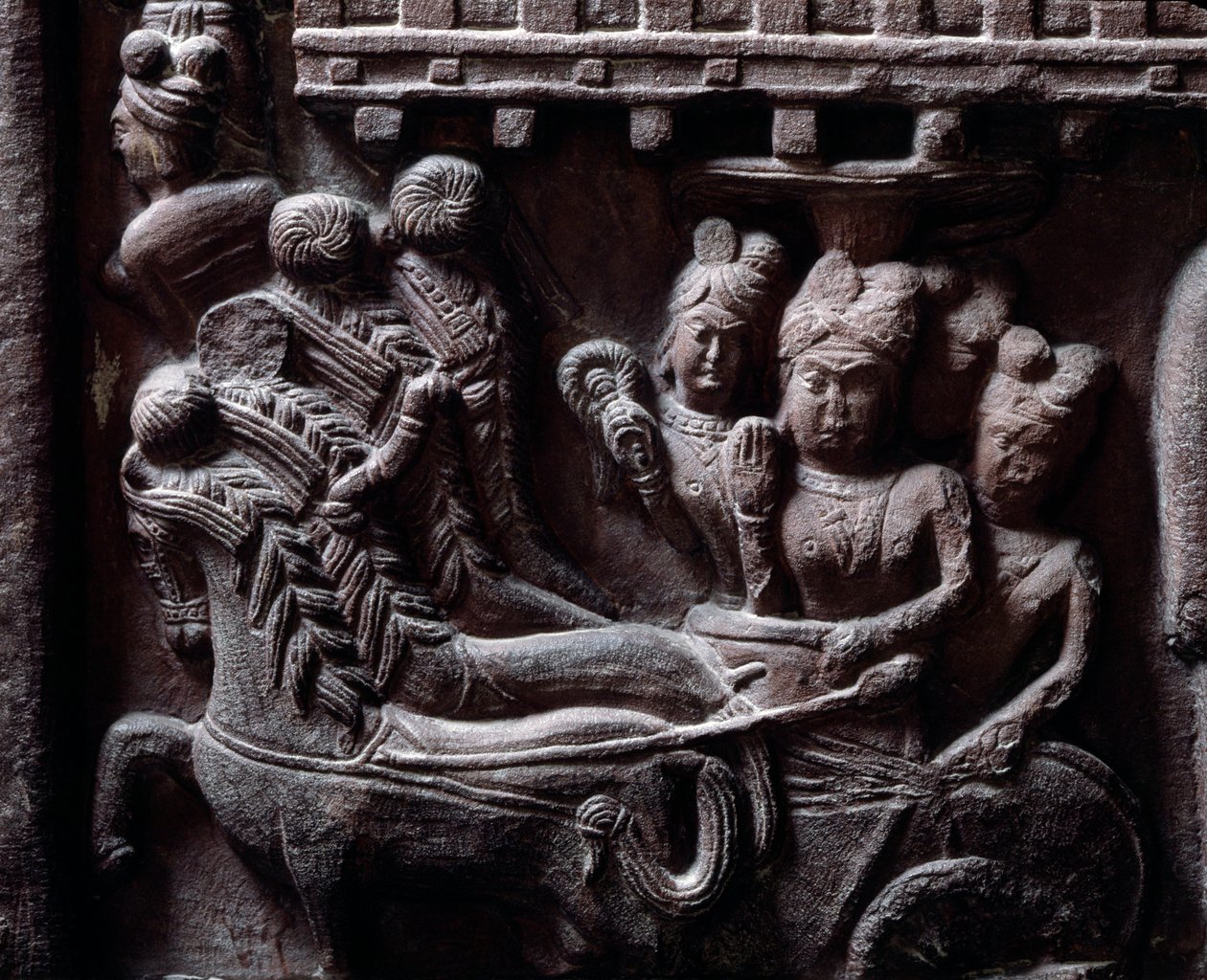 Budismo: "A última visita de Prasenjit a Buda" (última visita de Prasanjit a Buda) detalhe du stupa de Bharhut (Barhut, Barouth) Baixo relevo de pedra negra, século II a.C. (século II a.C.) - Calcutá, musee indiano de Indian School