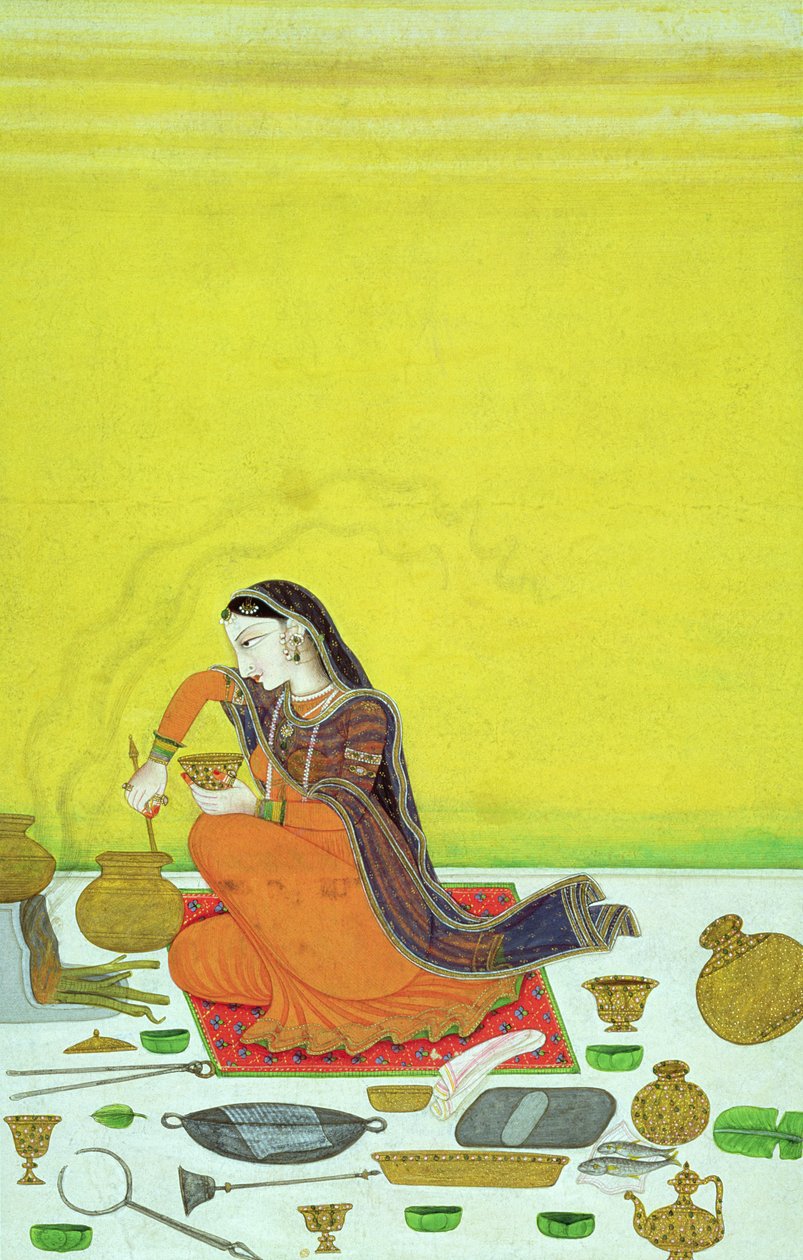 CBL Em 11B.30 Uma Senhora Prepara uma Refeição, miniatura de uma série Bhagavata Purana, Kangra, c.1810 de Indian School