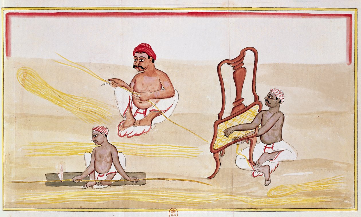 Caning cadeiras para exportação para a Grã-Bretanha (caneta e tinta e wc no papel) de Indian School