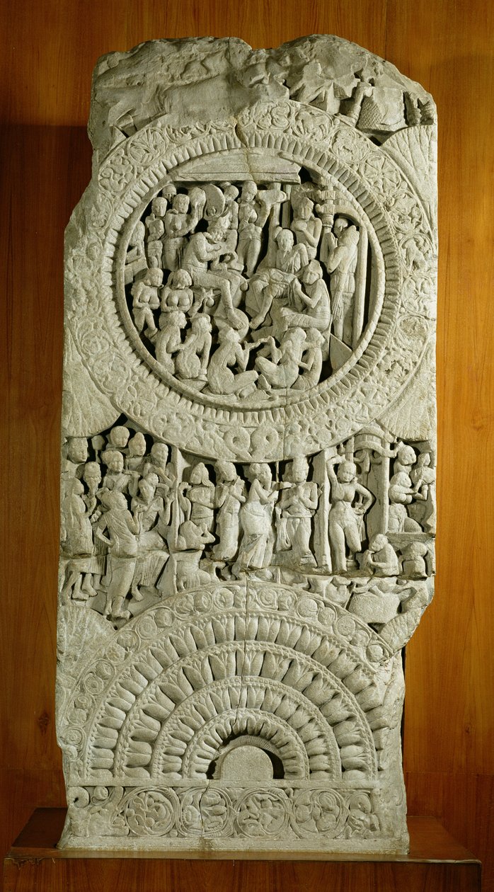 Escultura representando uma história dos Jatakas, Amaravati (calcário) de Indian School