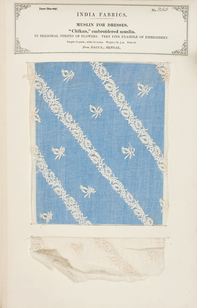 Amostra de musselina bordada Chikan de Dacca em Bengala, da Coleção dos Fabricantes Têxteis da Índia, de John Forbes Watson, publicada em 1866 de Indian School