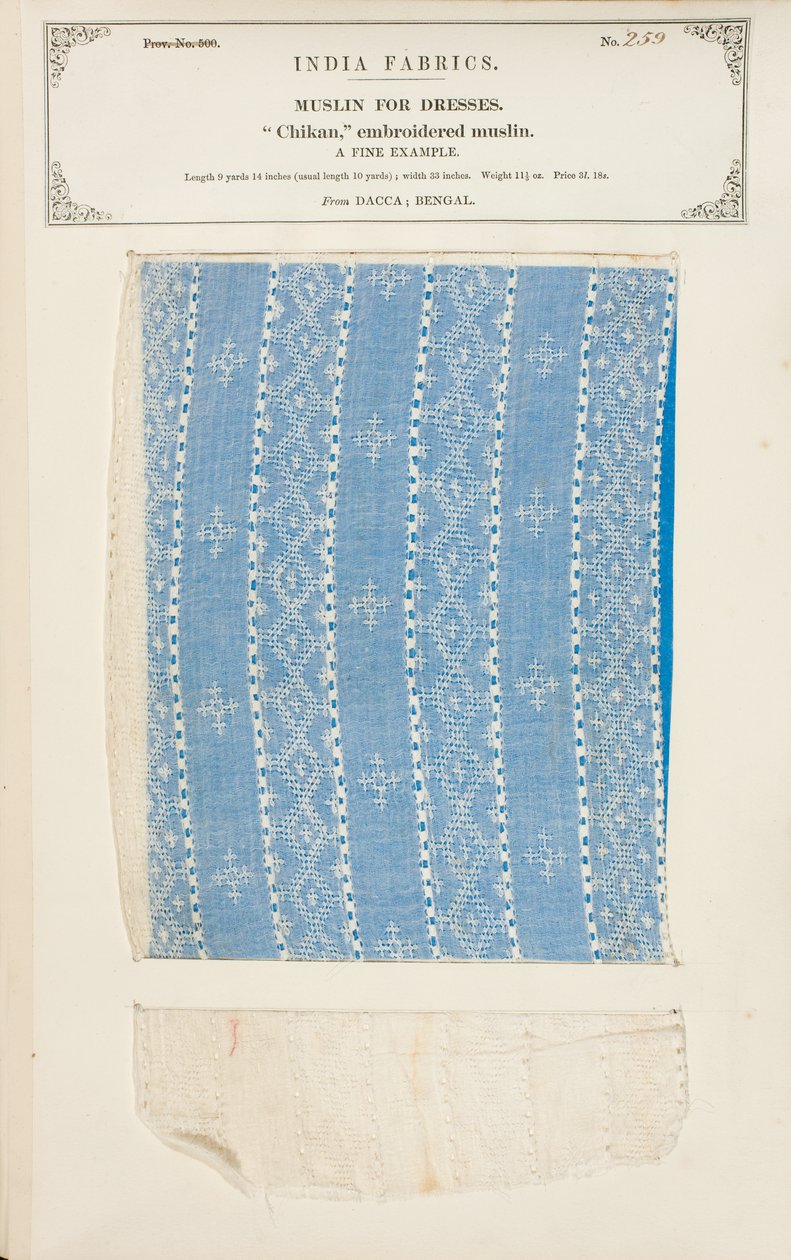 Amostra de musselina bordada Chikan de Dacca em Bengala, da Coleção dos Fabricantes Têxteis da Índia, de John Forbes Watson, publicada em 1866 de Indian School