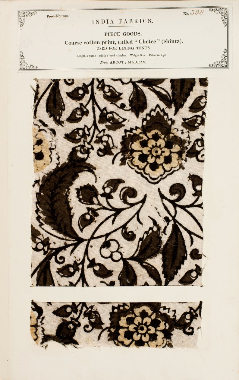 Amostra grosseira de algodão com padrão chetee (chintz) da Arcot em Madras, da Coleção dos Fabricantes Têxteis da Índia, de John Forbes Watson, publicada em 1866 de Indian School