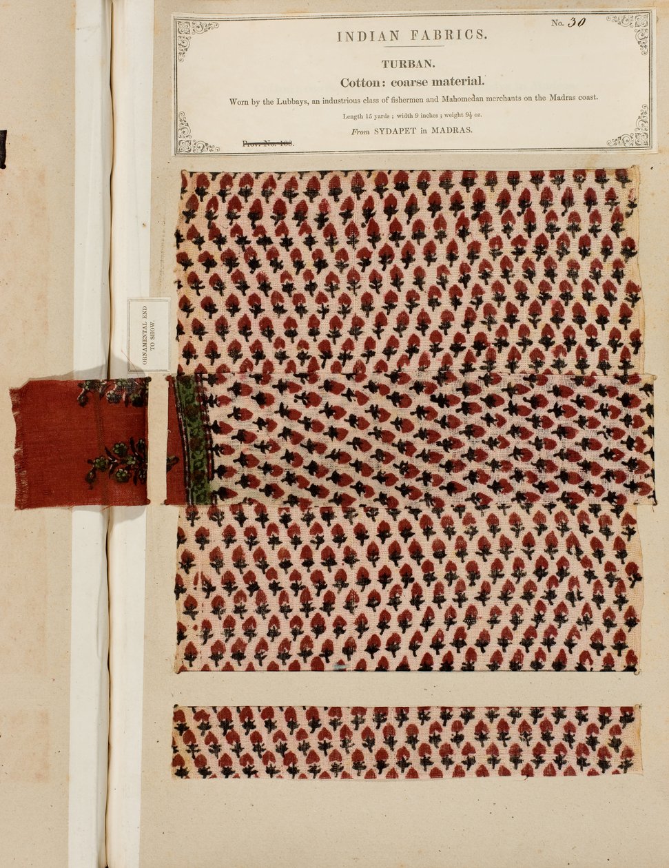 Amostra de turbante de algodão grosso de Sydapet em Madras, da Coleção de Fabricantes Têxteis da Índia, de John Forbes Watson, publicada em 1866 de Indian School