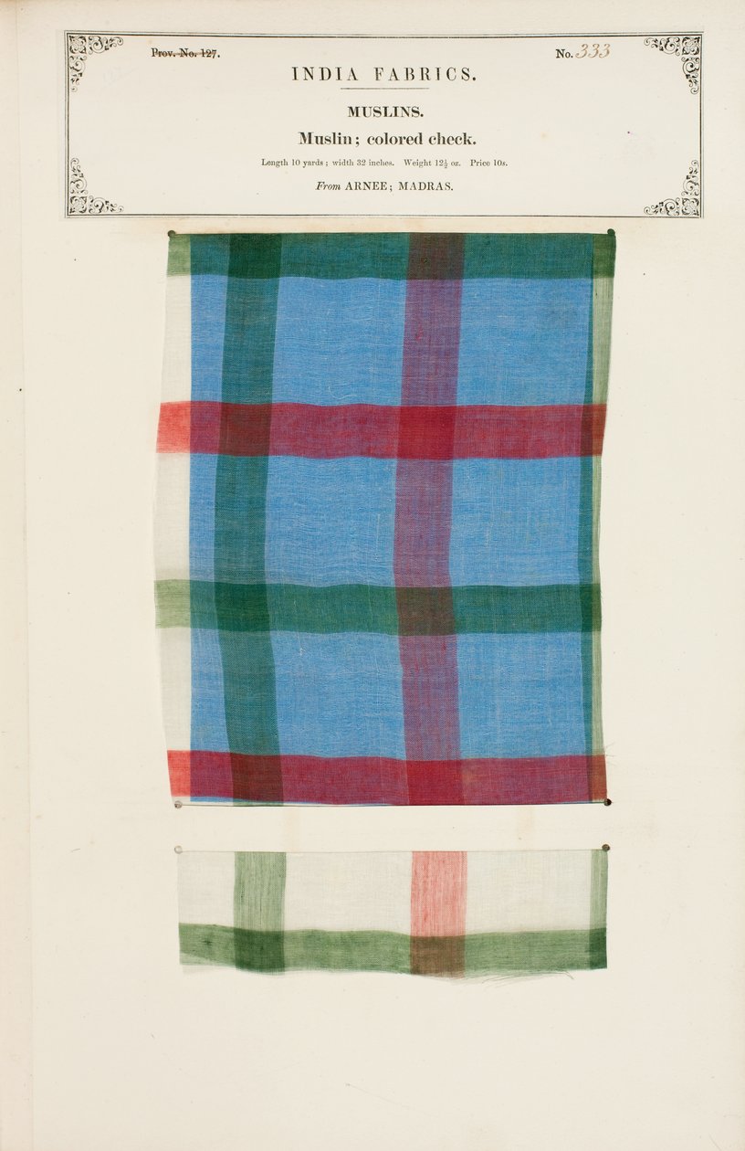 Amostra colorida de musselina de Arnee em Madras, da Coleção dos Fabricantes Têxteis da Índia, de John Forbes Watson, publicada em 1866 de Indian School