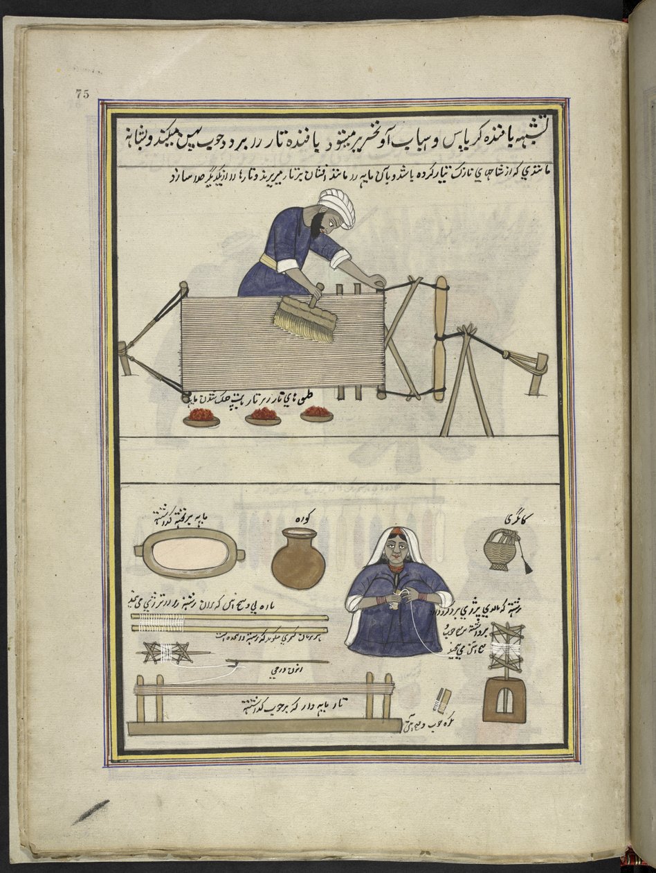 Tecelão de algodão a pentear uma teia; mulher a enrolar algodão, 86 desenhos encadernados num volume representando ofícios e profissões em Caxemira, Artesãos são mostrados no trabalho com os seus utensílios e equipamento, Por um artista de Caxemira, provav de Indian School